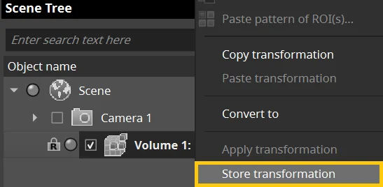 Storing the transformation creates a local coordinate system that contains the volume's transformation.